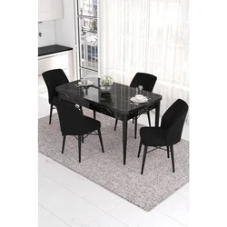 Hanah Home trpezarijski set Eva, sto na razvlačenje i 4 stolice, ploča u dekoru crnog mermera, crna tkanina Babyface