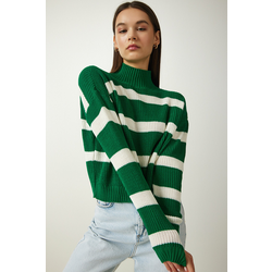 Happiness Istanbul Womens Green Stand-Up Collar Striped Knitwear Sweater
