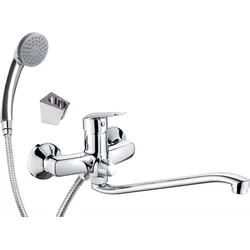 Wall-mounted washbasin mixer with extended spout - hose and shower set connection