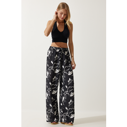Happiness Istanbul Ženske Vibrantne Crne Šarene Lepršave Viskoza Regular fit Pantalone EN00606, Vibrantna Crna / Crna