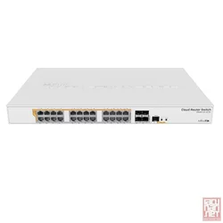 MikroTik CRS328-24P-4S+RM, 24x port Gigabit router/switch with 4x 10Gbps SFP+ ports in 1U rackmount case, PoE output guaranteed 450W, CPU 800MHz, 512MB RAM, Dual Boot SwOS/RouterOS L5