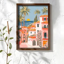 WallXpert uramljena MDF slika NAL092-46, mediteransko primorsko mesto sa palmama i roze kućama u zalasku sunca, 35,5 x 47 cm