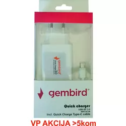NPA-AC36 ** Gembird QC3.0 brzi punjac +Type C USB kabl,18W 3.6-6.5V/3A, 6.5V-9V/2A, 9V-12V/1.5A(383)