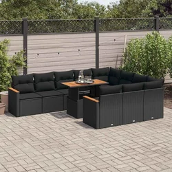 11-dijelni set vrtnih sofa poliratan i bagrem s jastucima crni