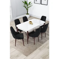 Hanah Home trpezarijski set Lia, sto na razvlačenje i 6 stolica, bela ploča, noge boje oraha, crna tkanina Babyface