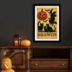 WallXpert uramljena slika 3752HALCT-018, veštica na metli, bundeva i crne mačke sa natpisom Halloween, 37 x 52 cm, crni ram