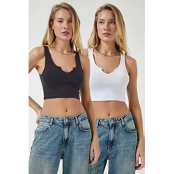 Happiness Istanbul Womens Anthracite White Strappy 2-Pack Crop Knitted Blouse