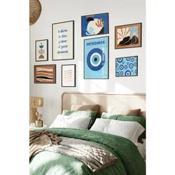 WallXpert set od 8 manjih uramljenih slika Çgs-027, plavi i narandžasti mediteranski motivi – Mykonos oko, talasi, apstraktni oblici i citat, crni ram