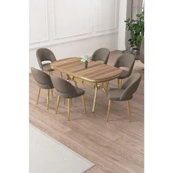 Hanah Home trpezarijski set Jita, sto i 6 stolica, ploča u dekoru Hazar, zlatne noge, kapućino tkanina Babyface