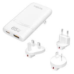 Logilink putni punjač sa dva USB GaN porta, tri adaptera EU / UK / AU, 65 W, slim
