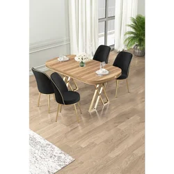 Hanah Home trpezarijski set Lai, sto i 4 stolice, ploča u dekoru Hazar, zlatne noge, crna tkanina Babyface
