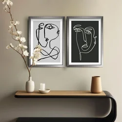 WallXpert set od 2 uramljene MDF slike 2PANTCT-001, apstraktna lica crtana jednom linijom, crno-belo, 38 x 53 cm