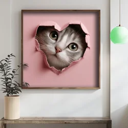 WallXpert uramljena MDF slika DOS047-70, mače viri kroz rupu u obliku srca na roze pozadini, 70 x 70 cm