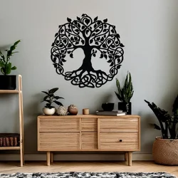 WallXpert metalni zidni ukras DCV-1077-MT, drvo života u krugu sa keltskim čvorovima, 80 x 80 cm, crni