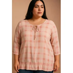 Plus size prosojna tunika s karo potiskom, roza