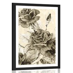 Plakat s paspartujem vintage šopek vrtnic v sepia varianti - 20x30 white