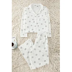 Trendyol White Cotton Floral Covered Pocket Detailed Knitted Pajama Set
