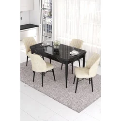 Hanah Home trpezarijski set Eva, sto na razvlačenje i 4 stolice, ploča u dekoru crnog mermera, krem tkanina Babyface