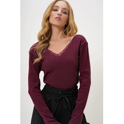 Trend Alacati Stili Ženska bluza dugih rukava ALC-X11246, V-izrez, Ljubičasta
