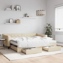 Greatstore Izvlečna dnevna postelja s predali krem 90x200 cm blago