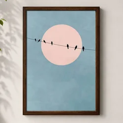 WallXpert uramljena MDF slika 3752KACT-006, ptice na žici ispred ružičastog sunca na plavoj pozadini, 37 x 52 cm