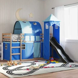 Krevet na kat s toboganom i zavjesama plavi 80 x 200 cm