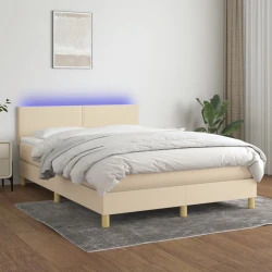VIDAXL Box spring postelja z vzmetnico LED krem 140x190 cm b