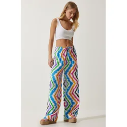 Happiness Istanbul Womens White Blue Patterned Flowy Viscose Palazzo Trousers