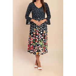 Plus size midi obleka s potiskom, črna