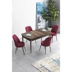 Hanah Home trpezarijski set Han, sto na razvlačenje i 4 stolice, ploča u dekoru drveta Baroque, bordo tkanina Jerry