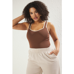 Trendyol Curve Brown Line Detail Square Neck Bodycon Knit Blouse