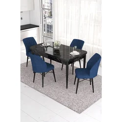 Hanah Home trpezarijski set Eva, sto na razvlačenje i 4 stolice, ploča u dekoru crnog mermera, teget tkanina Babyface