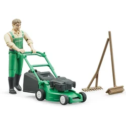 shumee Figura vrtnarja s kosilnico, grabljami in krtačo bruder 62103 Profi 1:16