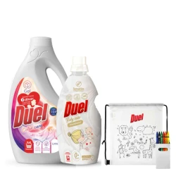 DUEL set Tečni deterdžent Color Care 2.45l, DUEL omekšivač Baby Care 1.6l i dečiji ranac sa bojicama