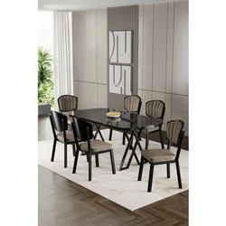 Hanah Home trpezarijski set Flori, sto i 6 stolica, ploča u dekoru crnog mermera, kapućino tkanina Babyface