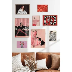 WallXpert set od 8 uramljenih slika Çgs-075, modne ilustracije žena u crvenim, roze i crno-belim tonovima, ram u boji prirodnog drveta