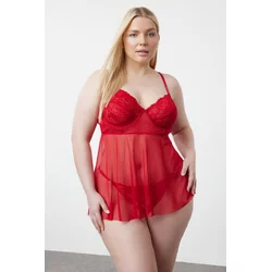 Trendyol Curve Red High Waist Underwire Babydoll& Thong Set