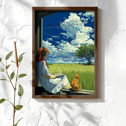 WallXpert uramljena MDF slika NAL095-46, devojka sa slušalicama čita na prozoru pored riđe mačke, ispred zelenog polja, 35,5 x 47 cm