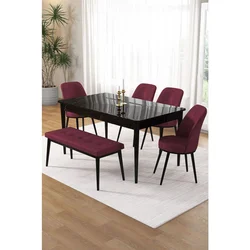 Hanah Home trpezarijski set Pir, sto, 4 stolice i klupa, ploča u dekoru crnog mermera, bordo tkanina Babyface