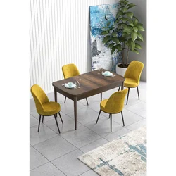 Hanah Home trpezarijski set Han, sto na razvlačenje i 4 stolice, ploča u dekoru drveta Baroque, senf žuta tkanina Jerry