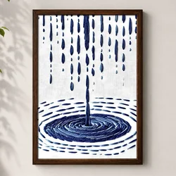 WallXpert uramljena MDF slika 3752KACT-041, plave kapi kiše i krugovi na vodi u stilu veza, 37 x 52 cm