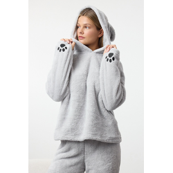 Trendyol Gray Hooded and Embroidered Wellsoft Winter Knitted Pajama Set