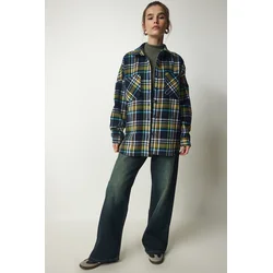 Happiness Istanbul Womens Navy Blue Green Patterned Oversize Cachet Lumberjack Shirt