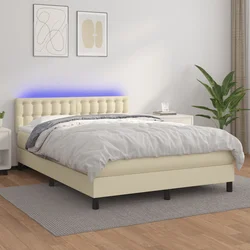 vidaXL Box spring postelja z vzmetnico LED krem 140x200cm umetno usnje