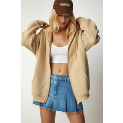 Happiness Istanbul Womens Camel Hooded Zipper Oversize Sweatshirt