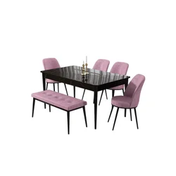 Hanah Home trpezarijski set Pir, sto, 4 stolice i klupa, ploča u dekoru crnog mermera, roze tkanina Babyface
