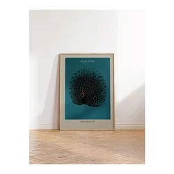 WallXpert uramljena slika 115211, The Black Peacock Ohare Kosona, crni paun, tirkizna pozadina, 30 x 40 cm, ram u boji prirodnog drveta