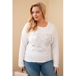 Kesi Włoski Womens Plus Size distressed blouse with print and longer back white