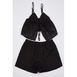 Trendyol Black 100% Cotton Floral Rope Strap Lined Embroidered Woven Pajama Set