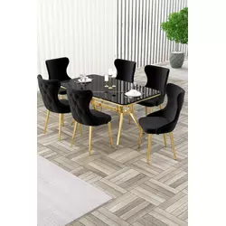 HANAH HOME Rasklopivi trpezarijski sto i stolice (7 delova) Esla Black Marble Gold Black